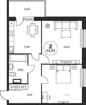 2-к квартира, вторичка, 56м2, 11/21 этаж