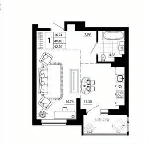1-к квартира, вторичка, 42м2, 17/17 этаж