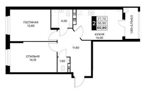 2-к квартира, вторичка, 61м2, 2/12 этаж
