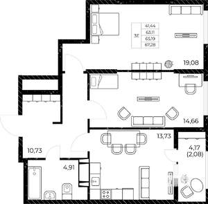 2-к квартира, вторичка, 67м2, 12/25 этаж