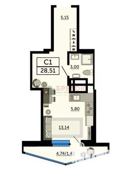 Студия квартира, вторичка, 31м2, 1/25 этаж