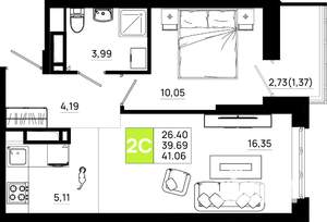 1-к квартира, вторичка, 41м2, 5/21 этаж