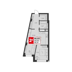 2-к квартира, строящийся дом, 50м2, 2/22 этаж