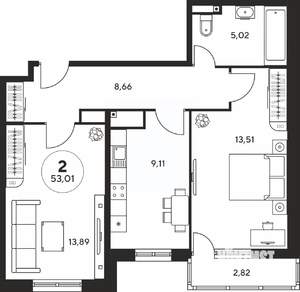 2-к квартира, вторичка, 53м2, 25/25 этаж