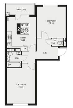 2-к квартира, строящийся дом, 66м2, 6/12 этаж
