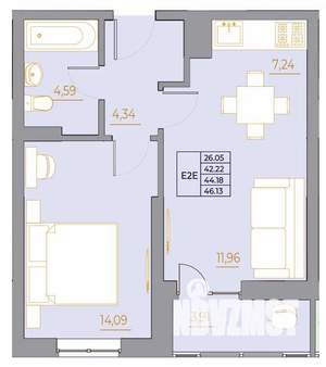 2-к квартира, строящийся дом, 46м2, 13/22 этаж