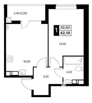 1-к квартира, строящийся дом, 42м2, 8/12 этаж