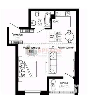 2-к квартира, вторичка, 53м2, 18/25 этаж