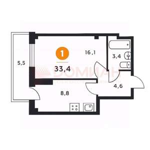 1-к квартира, сданный дом, 33м2, 2/19 этаж