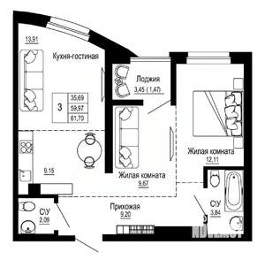 3-к квартира, вторичка, 62м2, 19/27 этаж