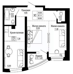 3-к квартира, вторичка, 59м2, 23/27 этаж