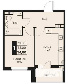 1-к квартира, строящийся дом, 35м2, 9/12 этаж