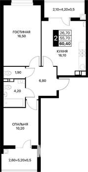 2-к квартира, вторичка, 60м2, 5/20 этаж