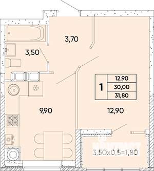 1-к квартира, вторичка, 32м2, 8/9 этаж