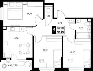 3-к квартира, вторичка, 71м2, 2/12 этаж