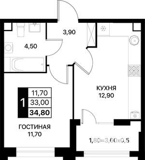 1-к квартира, вторичка, 35м2, 2/12 этаж