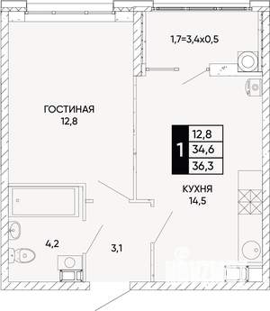 1-к квартира, вторичка, 36м2, 6/22 этаж