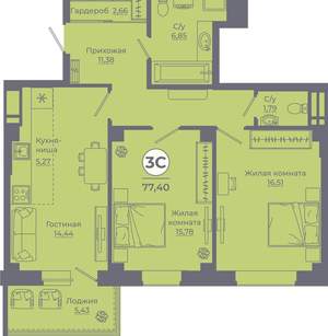 3-к квартира, вторичка, 77м2, 18/24 этаж