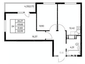 2-к квартира, вторичка, 54м2, 8/25 этаж