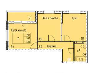 2-к квартира, строящийся дом, 58м2, 4/15 этаж