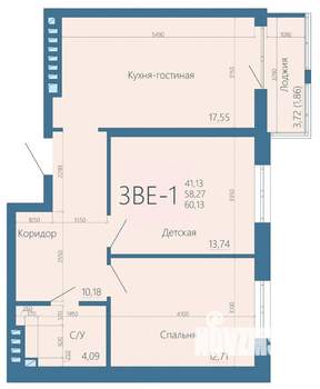 3-к квартира, строящийся дом, 60м2, 9/15 этаж