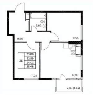 2-к квартира, строящийся дом, 55м2, 23/25 этаж