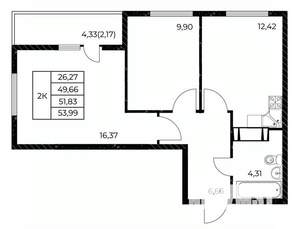 2-к квартира, вторичка, 54м2, 10/25 этаж