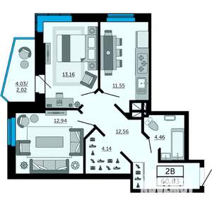 2-к квартира, строящийся дом, 61м2, 4/31 этаж