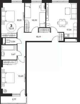 3-к квартира, вторичка, 72м2, 23/25 этаж