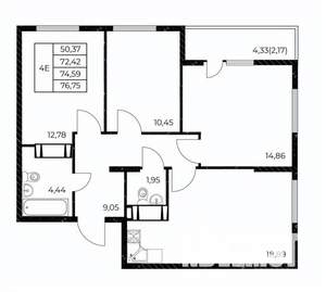 3-к квартира, строящийся дом, 77м2, 22/25 этаж