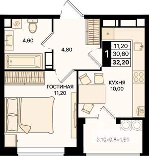 1-к квартира, вторичка, 32м2, 18/20 этаж
