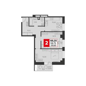 2-к квартира, строящийся дом, 60м2, 2/22 этаж