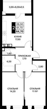 2-к квартира, вторичка, 65м2, 4/14 этаж