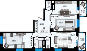 3-к квартира, вторичка, 88м2, 18/24 этаж