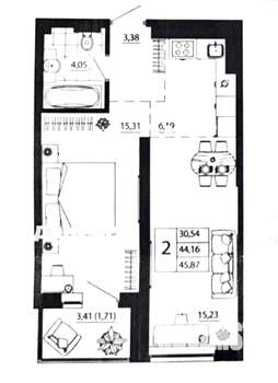 2-к квартира, вторичка, 46м2, 16/24 этаж
