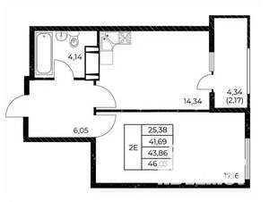 1-к квартира, вторичка, 46м2, 9/25 этаж