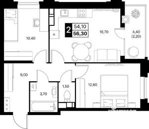 2-к квартира, строящийся дом, 56м2, 9/20 этаж