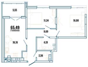 2-к квартира, строящийся дом, 65м2, 3/4 этаж