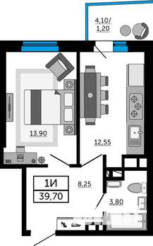 1-к квартира, строящийся дом, 40м2, 2/19 этаж