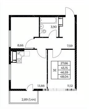 2-к квартира, строящийся дом, 48м2, 23/25 этаж