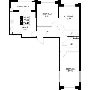 3-к квартира, вторичка, 74м2, 10/20 этаж