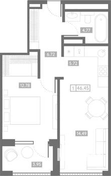 1-к квартира, вторичка, 46м2, 7/24 этаж