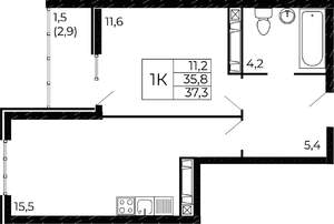 1-к квартира, сданный дом, 37м2, 16/19 этаж