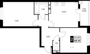 2-к квартира, вторичка, 66м2, 10/12 этаж