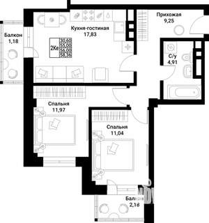 2-к квартира, вторичка, 56м2, 9/10 этаж