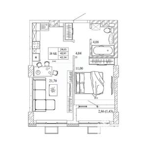 1-к квартира, строящийся дом, 44м2, 8/12 этаж