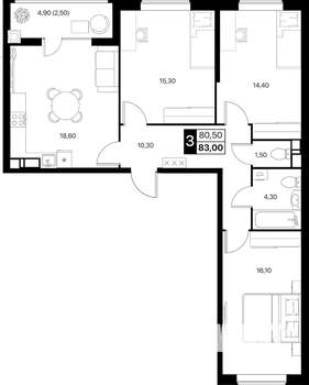3-к квартира, вторичка, 83м2, 5/12 этаж