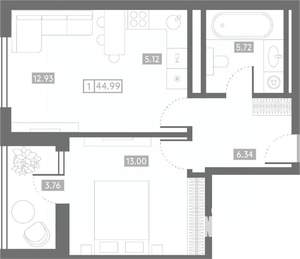 1-к квартира, вторичка, 45м2, 23/24 этаж