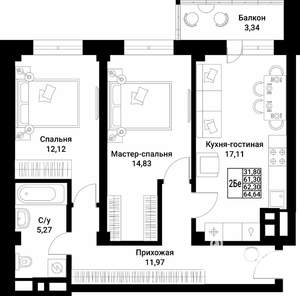 2-к квартира, вторичка, 62м2, 10/10 этаж