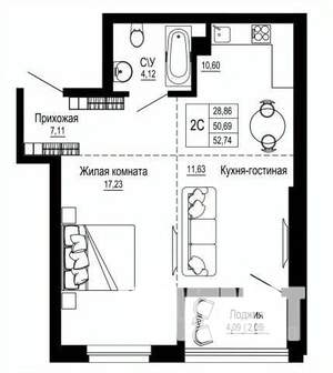 2-к квартира, вторичка, 53м2, 17/26 этаж
